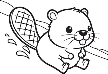 Fototapeta premium Cute Baby Beaver Sitting by the Water – Outline Cartoon Coloring Page