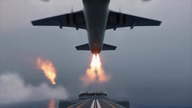 Powerful Jet Airplane Catapult Launch from Aircraft Carrier