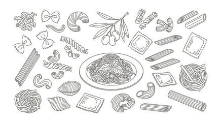 Detailed hand drawn collection of various delicious food items and ingredients for culinary art
