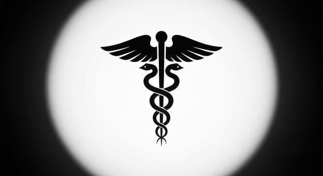 Caduceus symbol, black outline, two snakes, single staff, wings, centered - Powered by Adobe