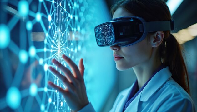 Woman works in hi tech lab using VR headset. Female scientist explores virtual reality interface. Girl touches digital screen. Concept of future tech, research, innovation and cyberspace.