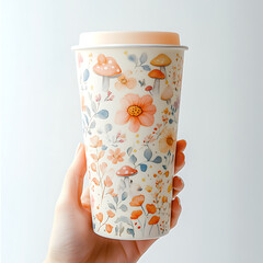 Whimsical floral and mushroom patterned travel mug with a soft peach lid held by a hand