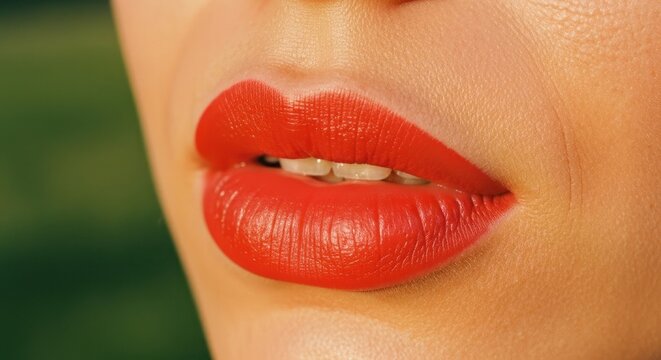 Close-up Woman's full lips with glossy bright red lipstick, teeth slightly visible - Powered by Adobe