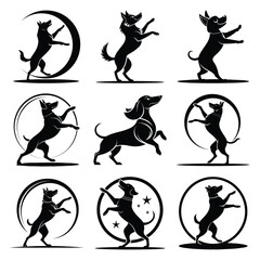 Set of vector black dancing dog silhouette icon. Isolated black animal shape design element.