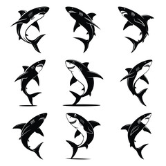 Set of vector black dancing shark silhouette icon. Isolated black animal shape design element.