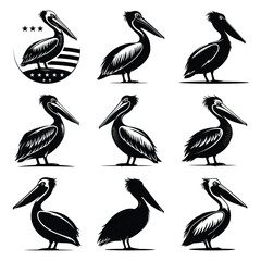 Set of vector black funny pelican silhouette icon. Isolated black animal shape design element.