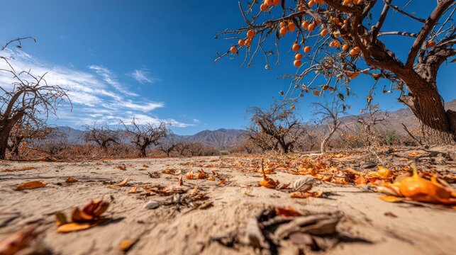 Wide-angle shot of an orchard under a vibrant blue sky with ripe fruit & mountain backdrop - Powered by Adobe