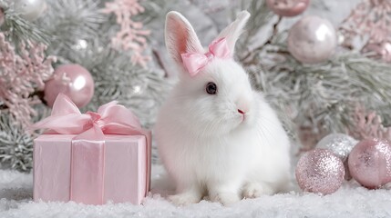White Bunny with Pink Gift by Frosted Christmas Tree