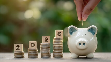 White Piggy Bank with 2026 Coins and Wooden Blocks