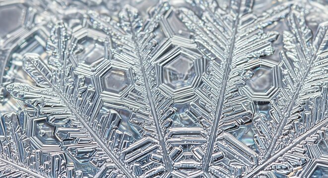Intricate patterns of a snowflake under magnification, revealing its crystalline structure. - Powered by Adobe