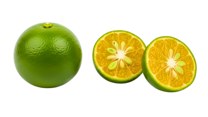 Fresh calamansi lime halves and whole fruit, vibrant and juicy citrus