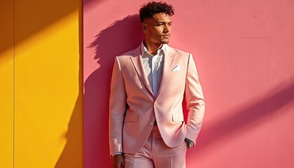 Young man in pink suit stands by bright yellow and pink walls casting shadow. He looks to side with confident expression. Scene uses bold colors and strong contrast. He is fashionable and modern.
