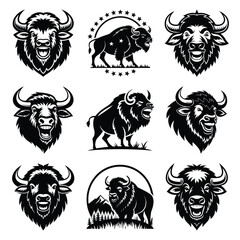Set of vector black laughing buffalo silhouette icon. Isolated black animal shape design element.