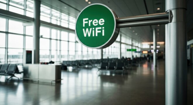 Free WiFi" sign in airport waiting area, blurred chairs and windows behind