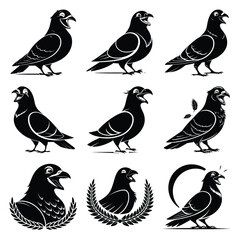 Set of vector black laughing pigeon silhouette icon. Isolated black animal shape design element.