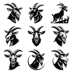 Set of vector black laughing goat silhouette icon. Isolated black animal shape design element.