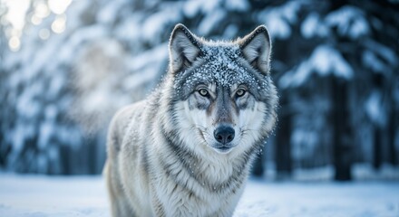 Obraz premium Majestic Gray Wolf Close-up Portrait in Winter Sunlight