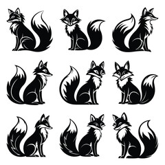 Fototapeta premium Set of vector black playful fox silhouette icon. Isolated black animal shape design element.