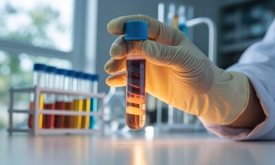 Gloved hand holds red liquid in test tube against lab backdrop