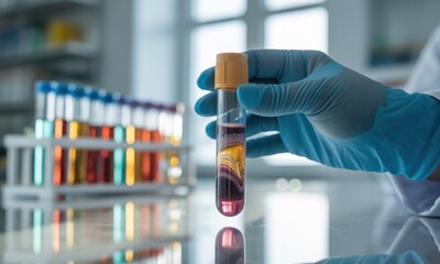 Gloved hand holding a colorful, layered test tube in bright lab setting