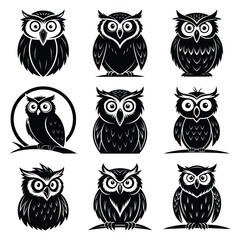Set of vector black shocked owl silhouette icon. Isolated black animal shape design element.