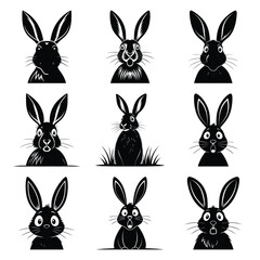 Set of vector black shocked rabbit silhouette icon. Isolated black animal shape design element.