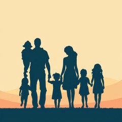 Family Silhouette: A heartwarming silhouette captures a family's bond, showcasing parents and children hand-in-hand as they embark on a journey together, filled with love and shared moments.