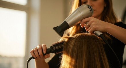 Hairdresser styles hair with round brush and hairdryer