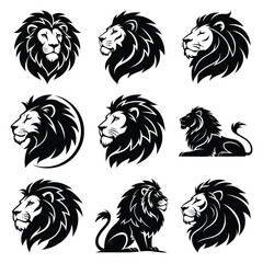 Set of vector black sleepy lion silhouette icon. Isolated black animal shape design element.