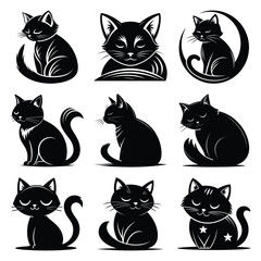 Set of vector black sleepy cat silhouette icon. Isolated black animal shape design element.
