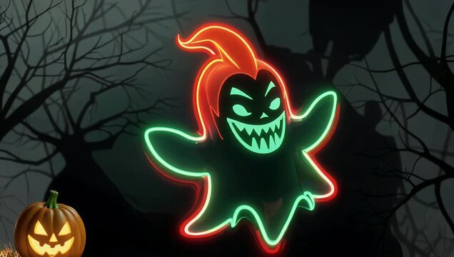 High resolution ultra high definition 4K animated video featuring striking digitally rendered ghost icon illuminated vibrant red green neon lighting effects prominently displaying theme Halloween
