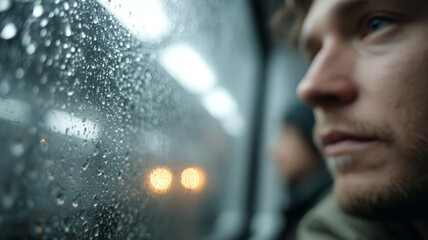 Thoughtful man gazes out rainy bus window in contemplation.