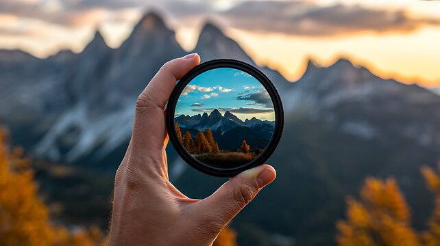 Hand holding camera lens filter showing sharp mountain landscape view
