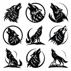 Set of vector black whistling wolf silhouette icon. Isolated black animal shape design element.