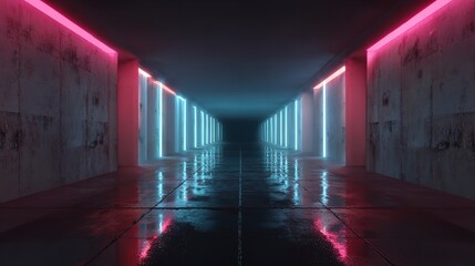 A futuristic tunnel illuminated by pink and blue neon lights