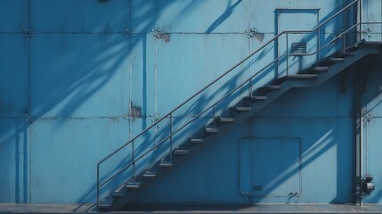 A galvanized steel stairs against a blue metal wall