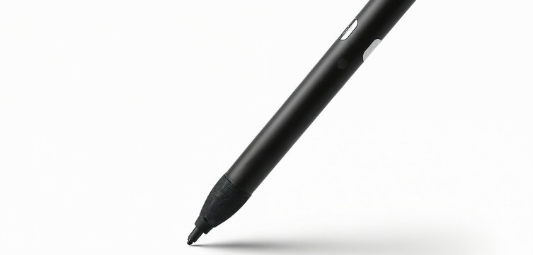 Black digital stylus pen with silver buttons on white background. Textured grip, fine tip. Use modern electronic tool for drawing, writing on tablet. Essential for creative work, education,
