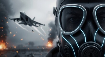 Fototapeta premium Man in gas mask looking at military jet flying over battlefield. Concept of modern conflict, air combat, and war.