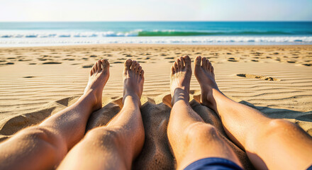 Two Pairs of Legs on a Sandy Beach Overlooking the Ocean
