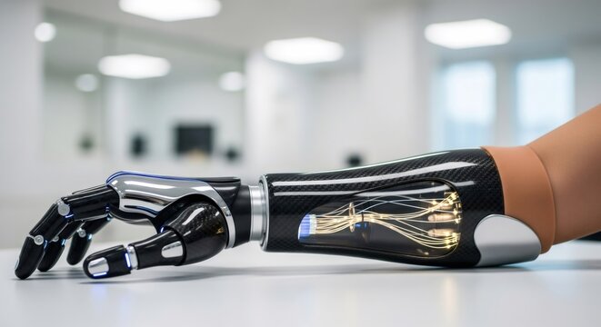 Bionic arm prosthesis with glowing wires and mechanical parts, representing advanced medical technology and robotic innovation.