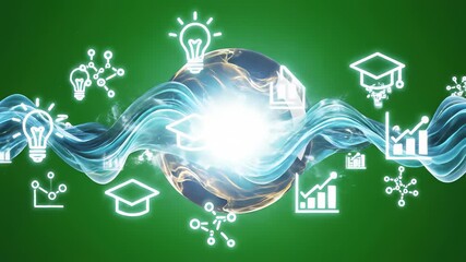 Digital illustration of a glowing globe surrounded by educational icons and swirling lines on a green background