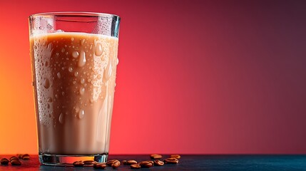 Refreshing iced coffee drink in a glass with condensation on a colorful background and coffee beans scattered