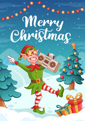 Christmas greeting card illustration. Christmas elf with boombox dancing. Cartoon vector art. Winter background with Christmas tree and snowflakes