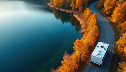 White RV drives on winding road beside blue lake with bright autumn trees. Seasonal journey through colorful fall landscape. Travel and nature connection.