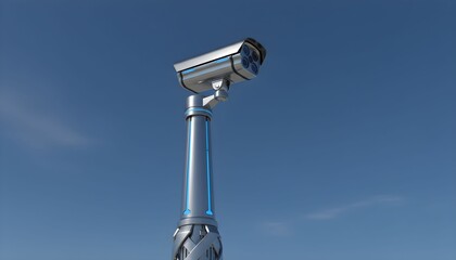 Security camera on a pole against a clear blue sky.