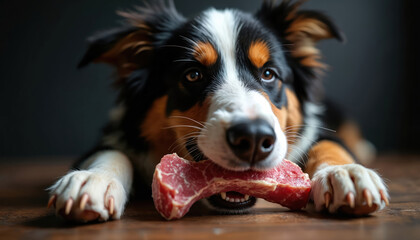 Happy dog enjoys eating raw meaty bone chew. Pet lover feeds puppy natural food, promoting healthy teeth and digestion. Canine eats protein snack indoors, showing pure joy and contentment.