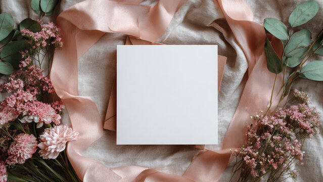 
Feminine wedding, birthday desktop mock-up. Invitation card mockup, template Blank greeting cards, rspv card, 5x7, square card, envelope. Silk ribbons, pink, greenery.

