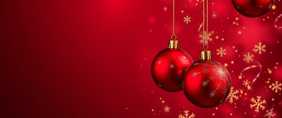 Festive red christmas ornaments with sparkling snowflakes on a deep red background