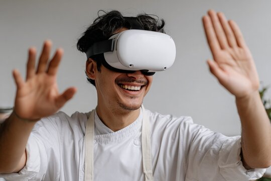 Man in VR headset smiles broadly, hands raised, interacting with immersive virtual world.