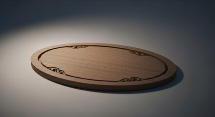 Oval wooden tray with embossed corners sits in spotlight on plain background
